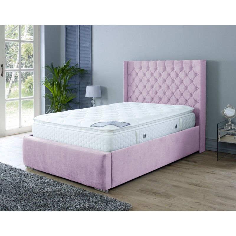 Nylasor Velvet Pink Buttoned Headboard 3ft Ottoman Bed